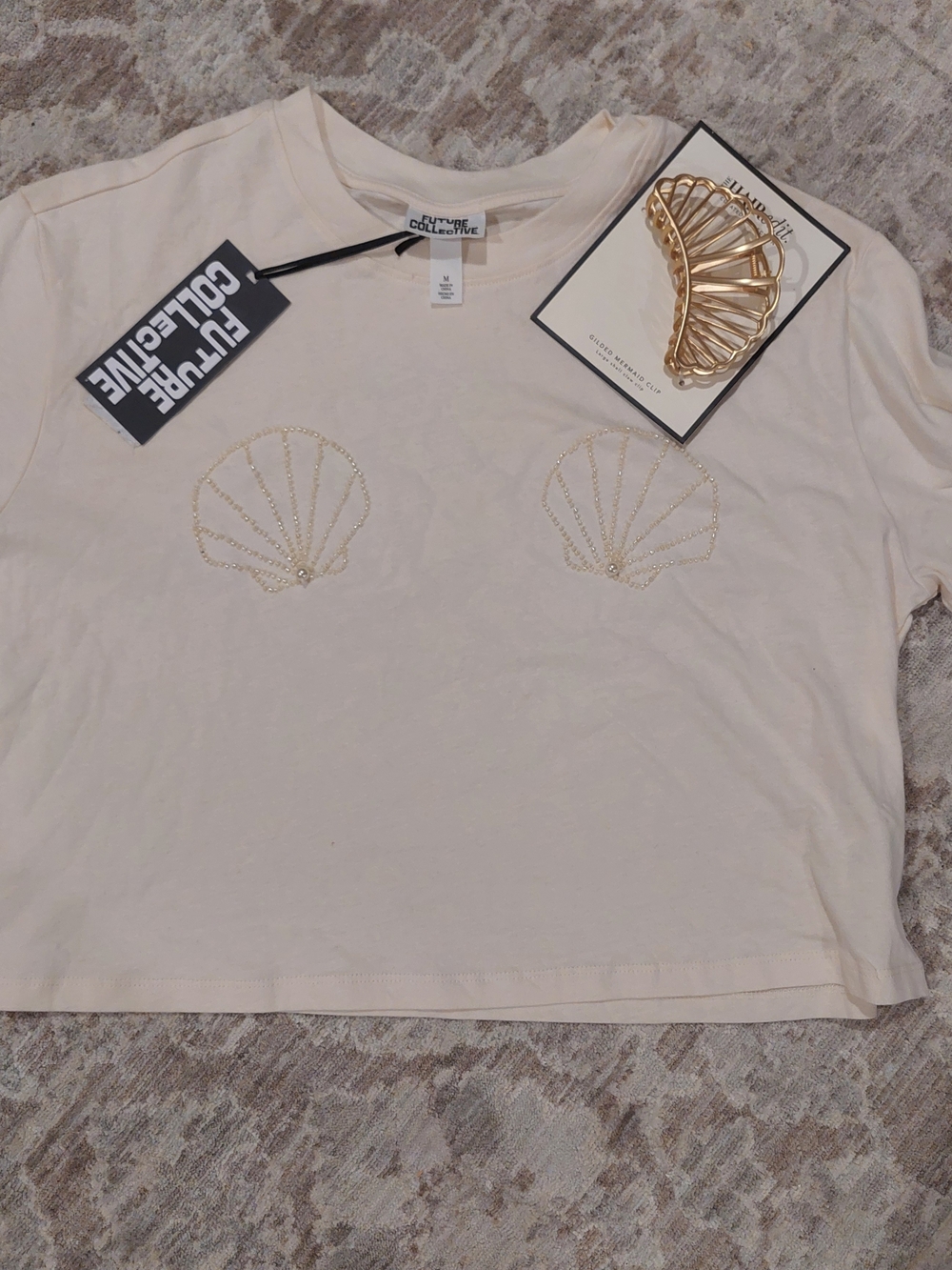 Future Collective Cream Shell Embellished Crop Tee